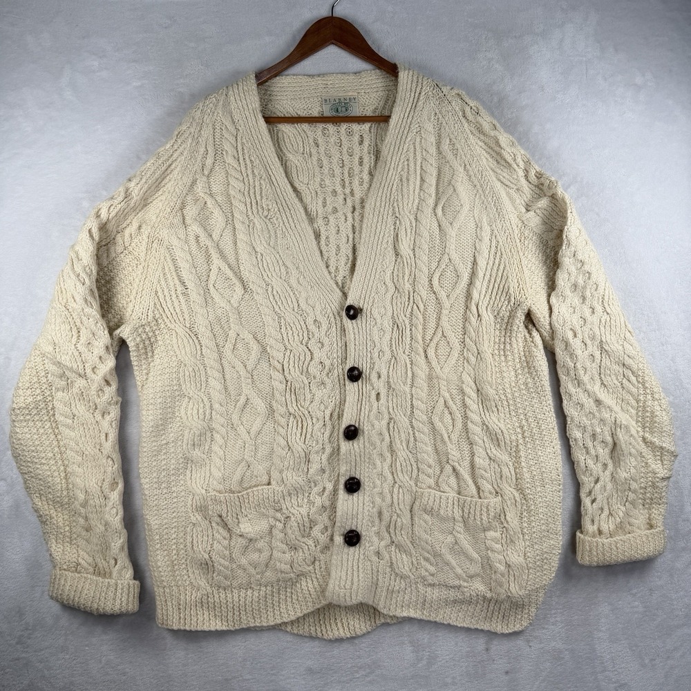 Blarney Woolen Mills V Neck Cardigan Mens XL Chunky Fisherman Aran Cable Knit